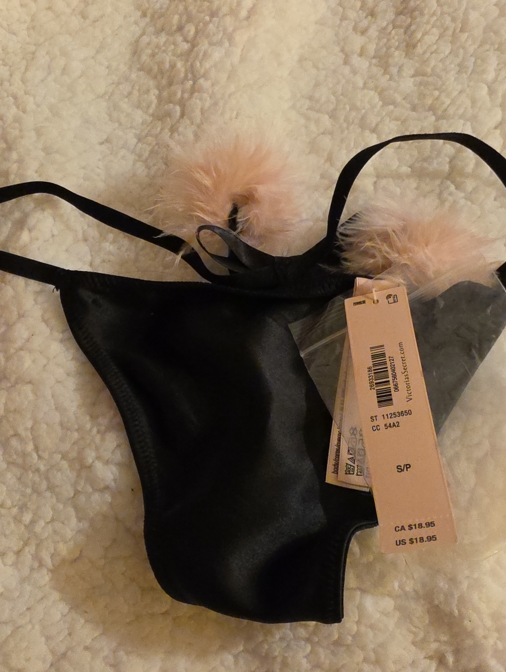 Nwt Victoria's Secret Black Satin String Thong with Blush Feather Pom Details S